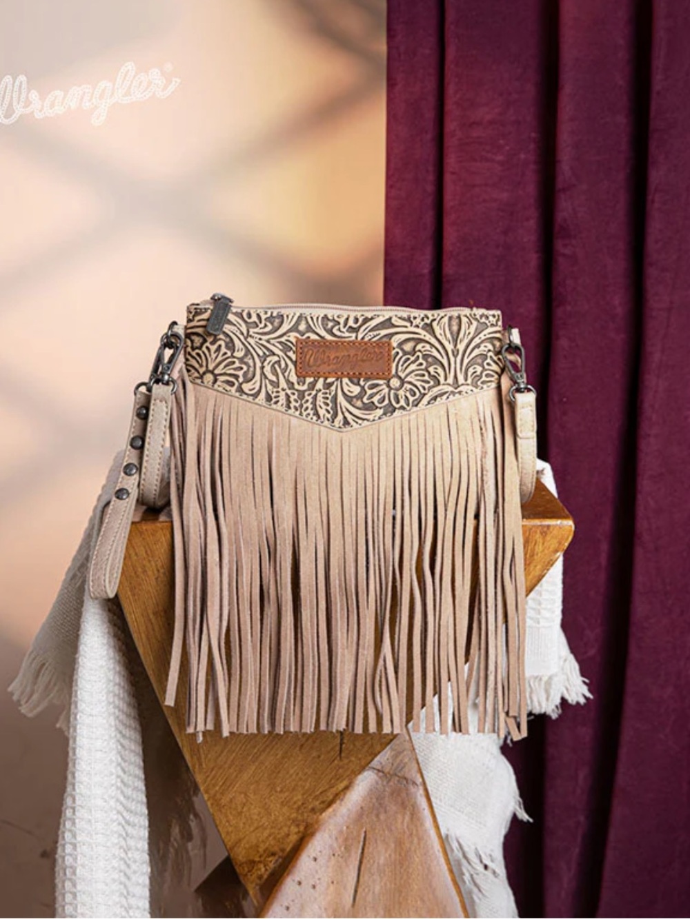 NWT Wrangler Vintage Floral Western Fringe Crossbody Bag - Khaki - Picture 3 of 10
